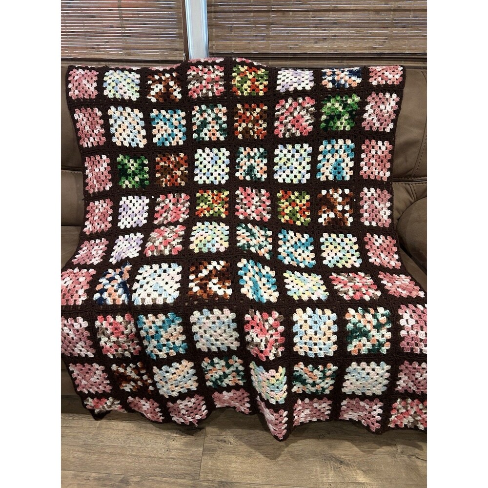 VTG Handmade Crochet Granny Desire Afghan Blanket Brown Multi Color Sqs  55x70
